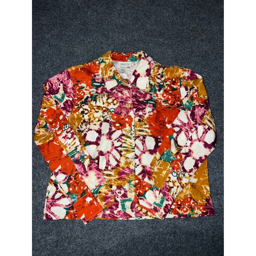Coldwater Creek Womens Large Floral Cotton Button Up Jacket Multicolor Y2K